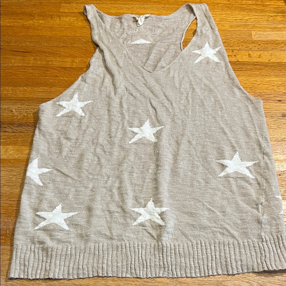 Chic Soul Women Beige White Star Tight‎ Knit V-Neck Sleeveless Tank Top